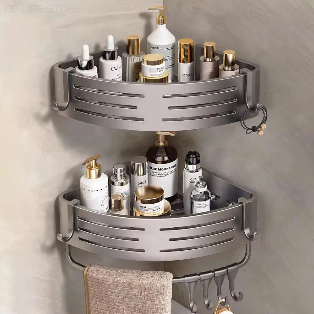 Corner Shower Shelf Set Drill-Free Adjustable Aluminum Slatted