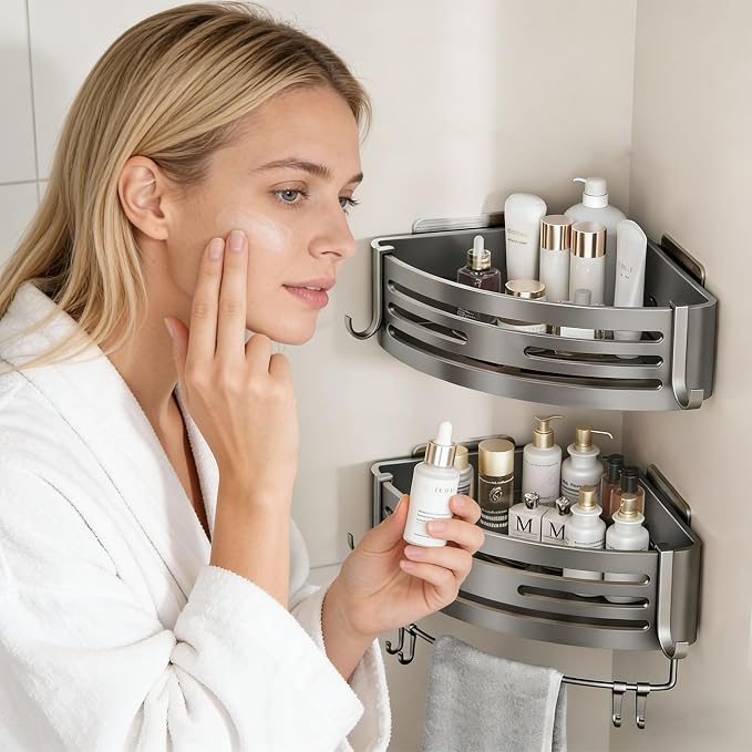 Corner Shower Shelf Set Drill-Free Adjustable Aluminum Slatted