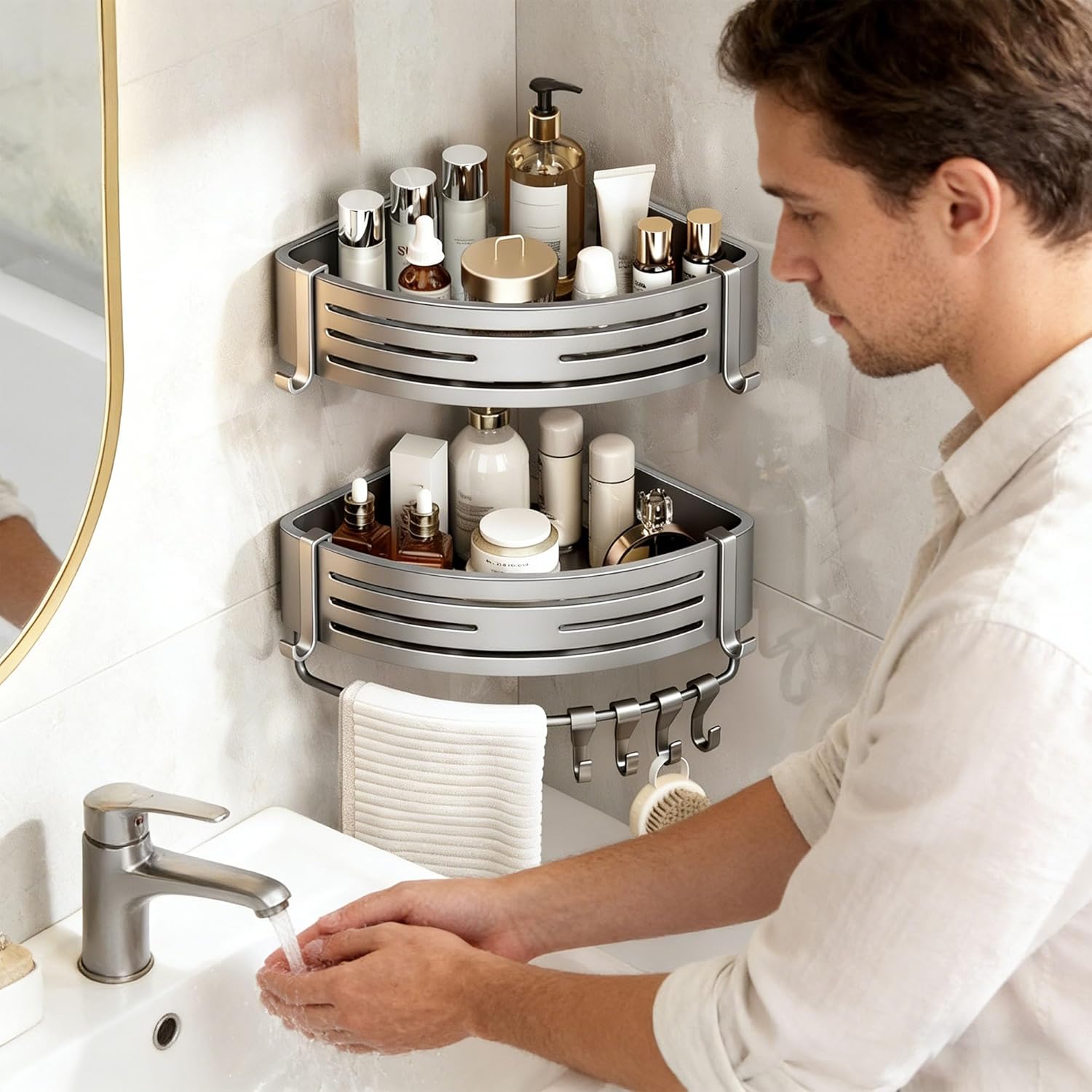 Corner Shower Shelf Set Drill-Free Adjustable Aluminum Slatted