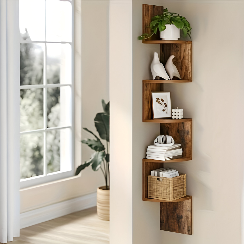 Corner Wall Shelf 5-Tier Zigzag Rustic Wood