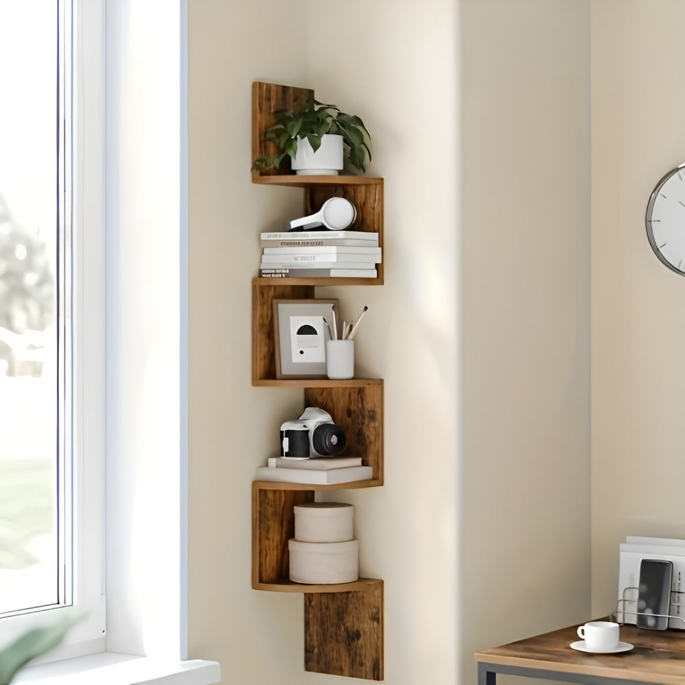 Corner Wall Shelf 5-Tier Zigzag Rustic Wood