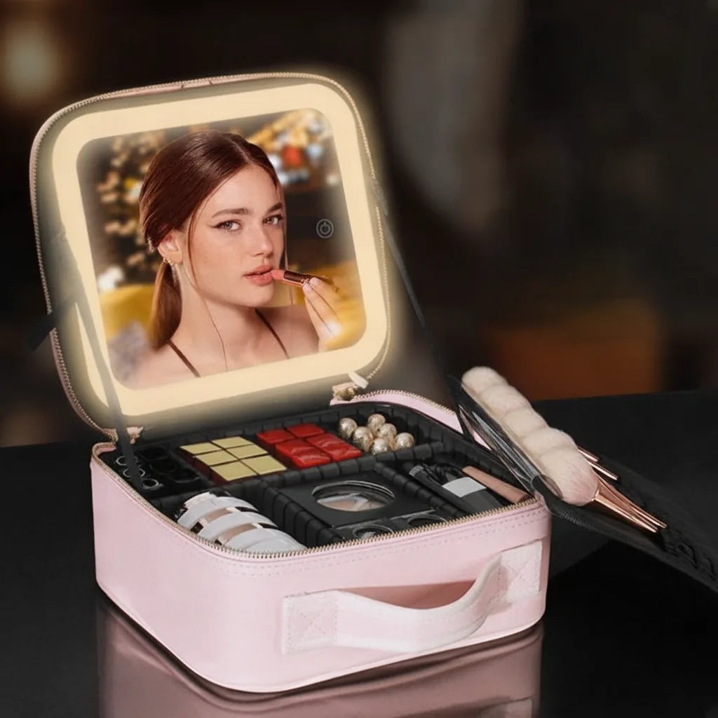 Cosmetic Bag LED Mirror Adjustable Compartments & Brush Holder