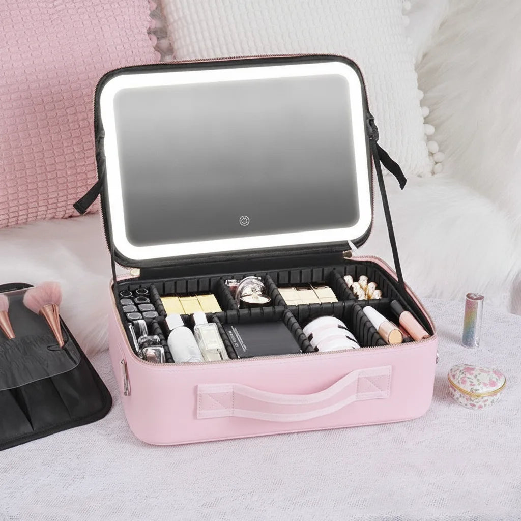 Cosmetic Bag LED Mirror Adjustable Compartments & Brush Holder