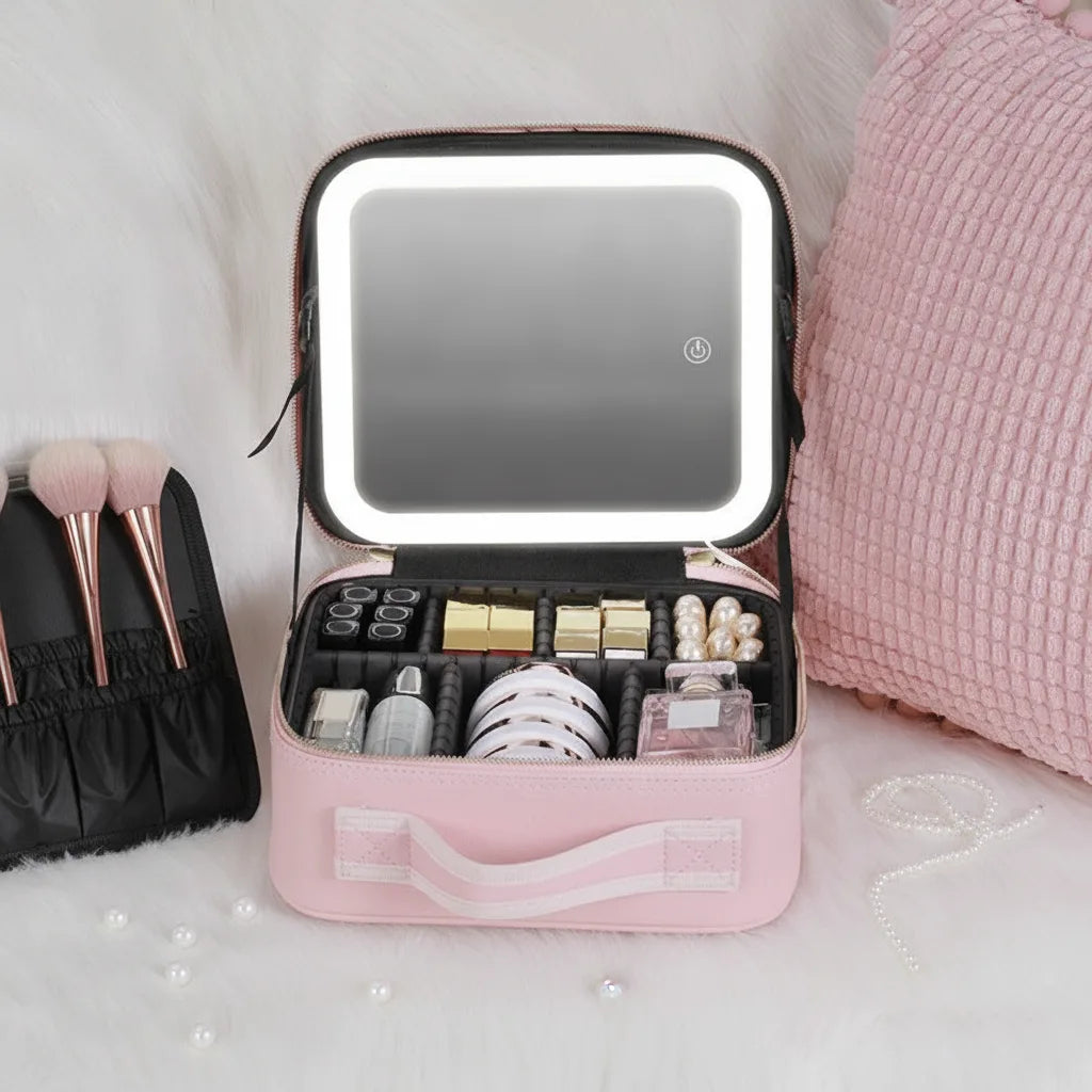 Cosmetic Bag LED Mirror Adjustable Compartments & Brush Holder
