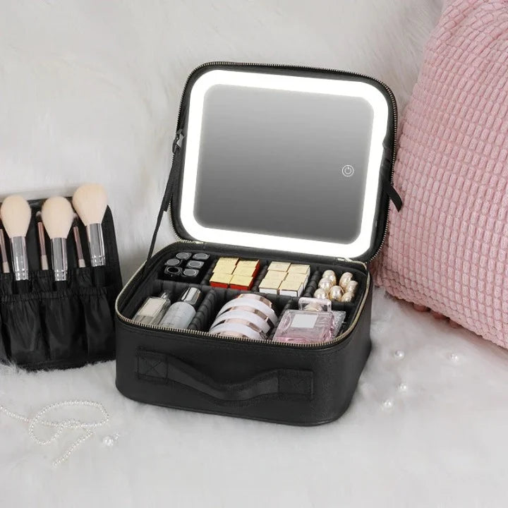 Cosmetic Bag LED Mirror Adjustable Compartments & Brush Holder