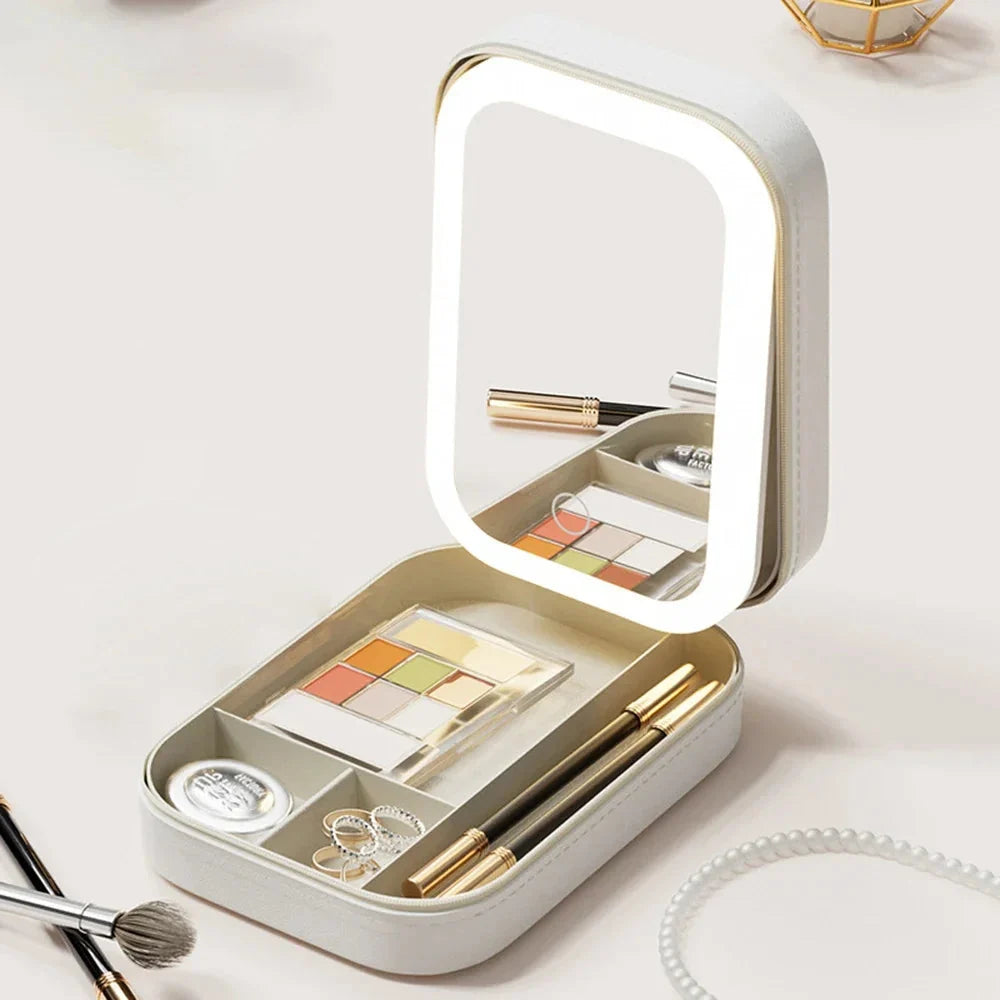 Cosmetic Case Adjustable LED Mirror & Organized Compartments