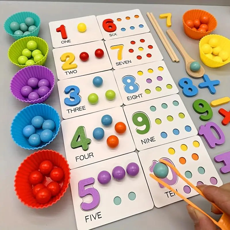 Counting Beads Set Montessori Natural Wood Chopsticks & Spoon