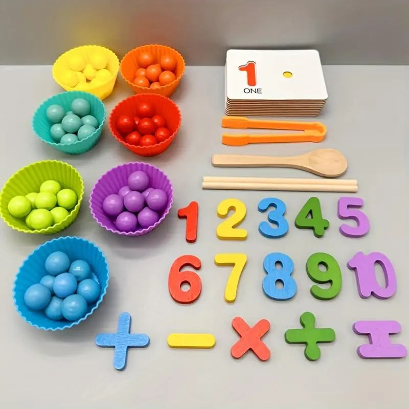 Counting Beads Set Montessori Natural Wood Chopsticks & Spoon