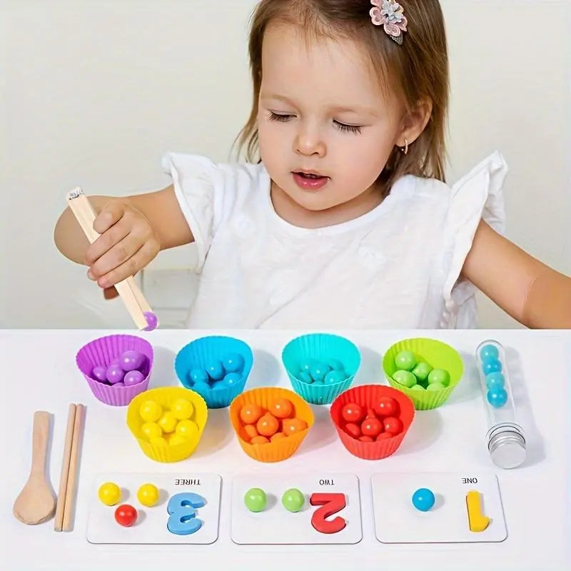 Counting Beads Set Montessori Natural Wood Chopsticks & Spoon