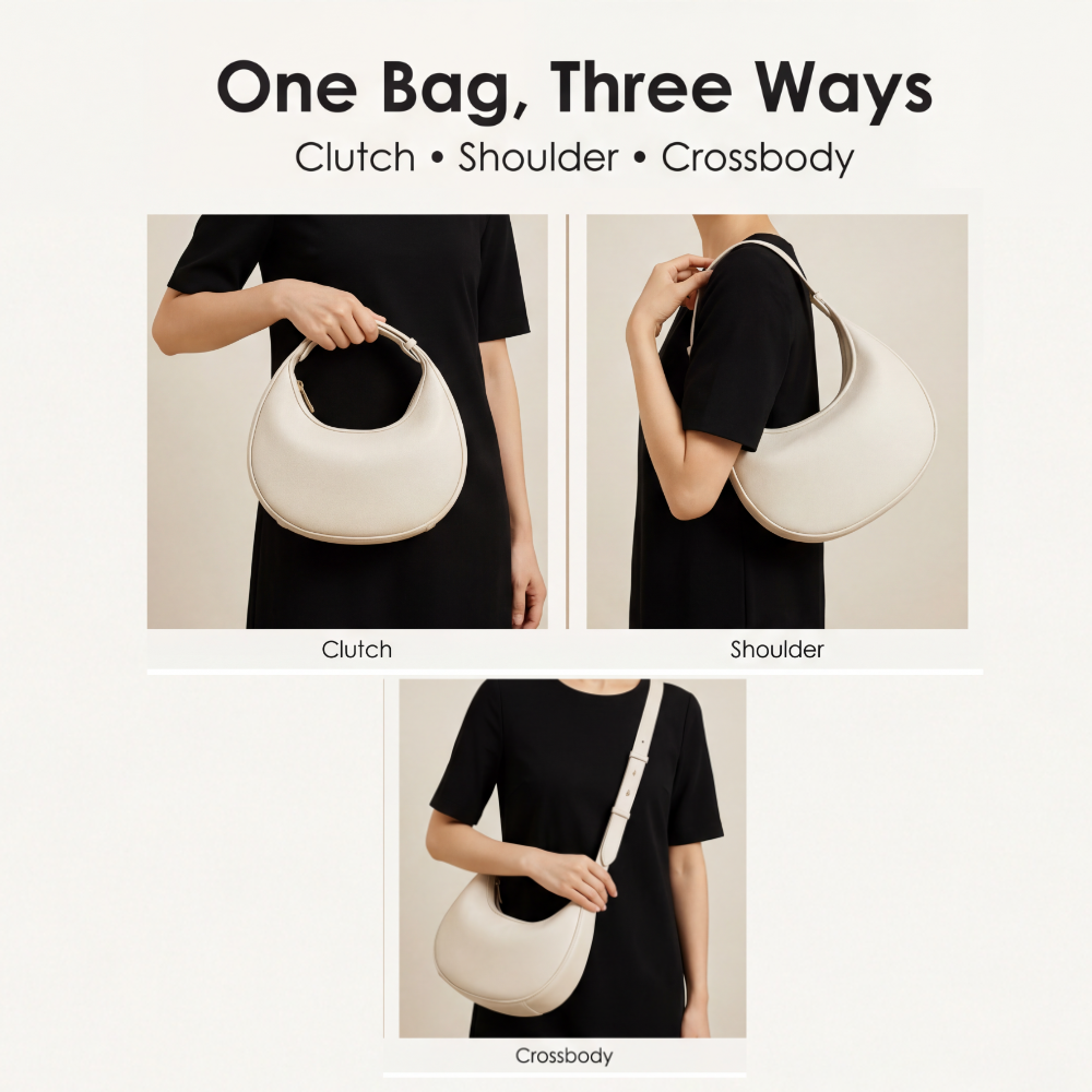 Crescent Shoulder Bag Textured PU Leather 3-Way Strap
