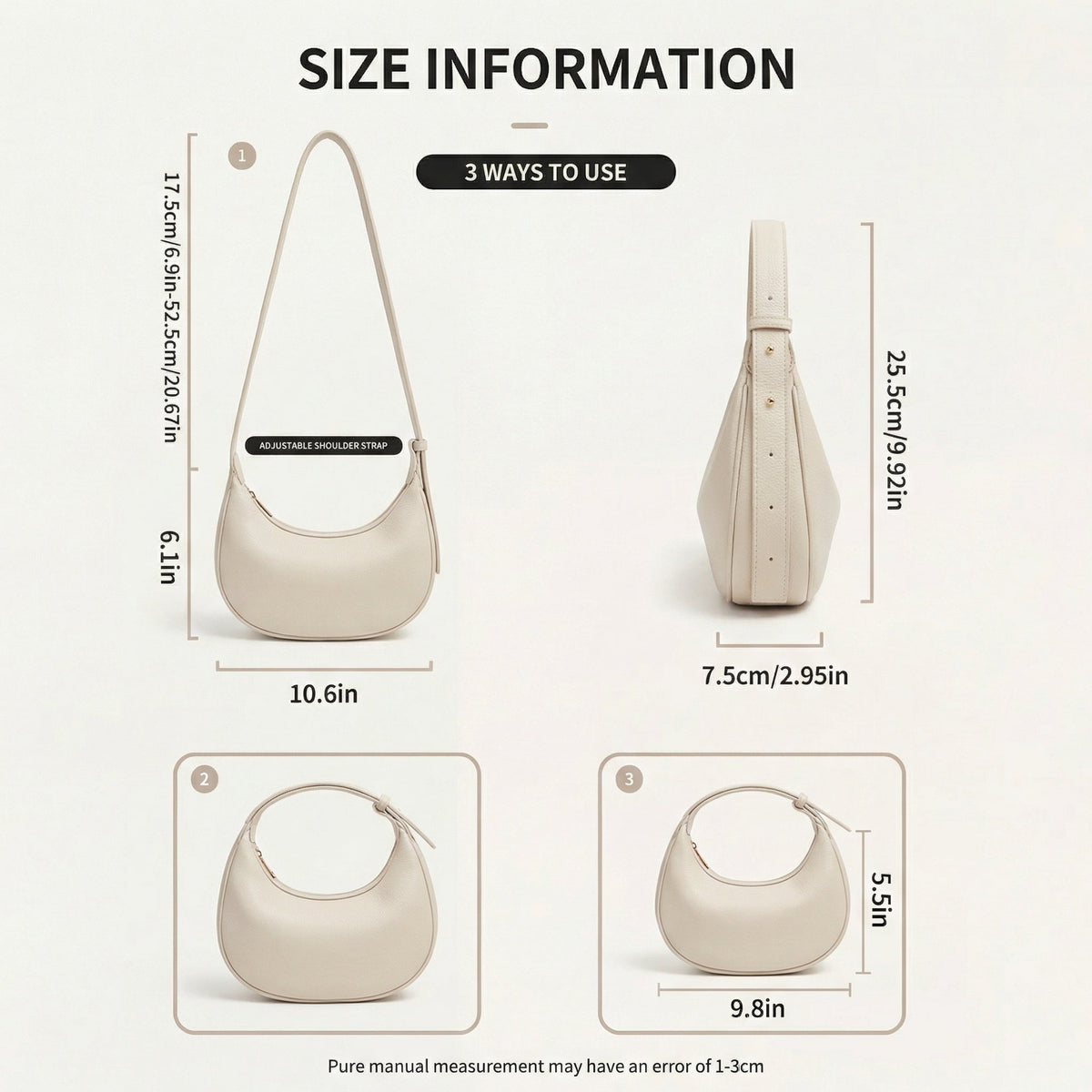 Crescent Shoulder Bag Textured PU Leather 3-Way Strap