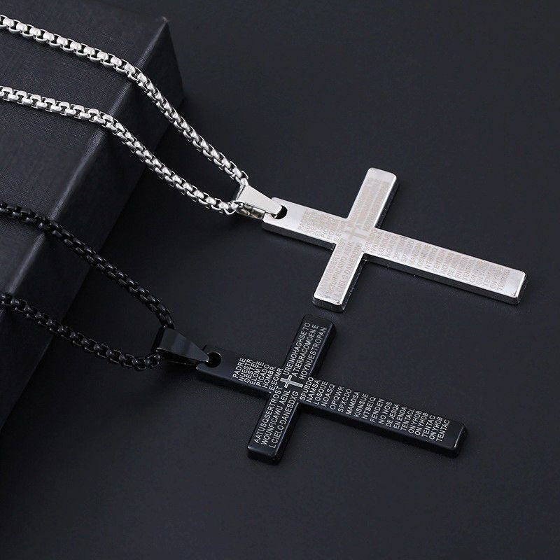 Cross Necklace Stainless Steel Engraved Lord's Prayer