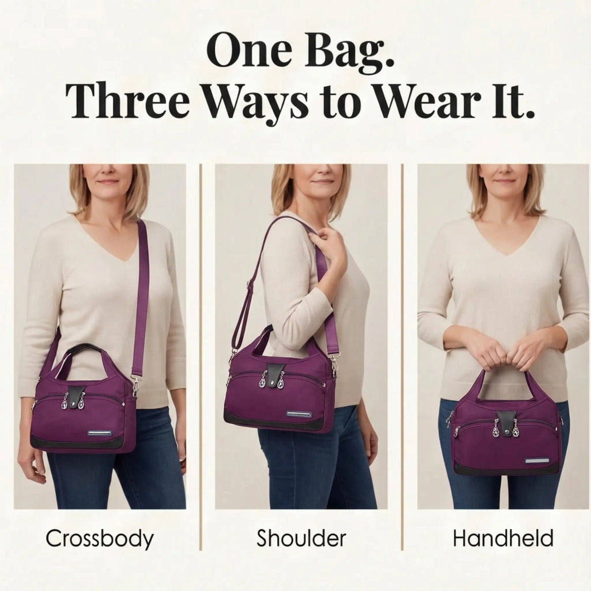 Crossbody Bag Five Zippered Compartments Hidden Anti-Theft Pocket & Water-Repellent