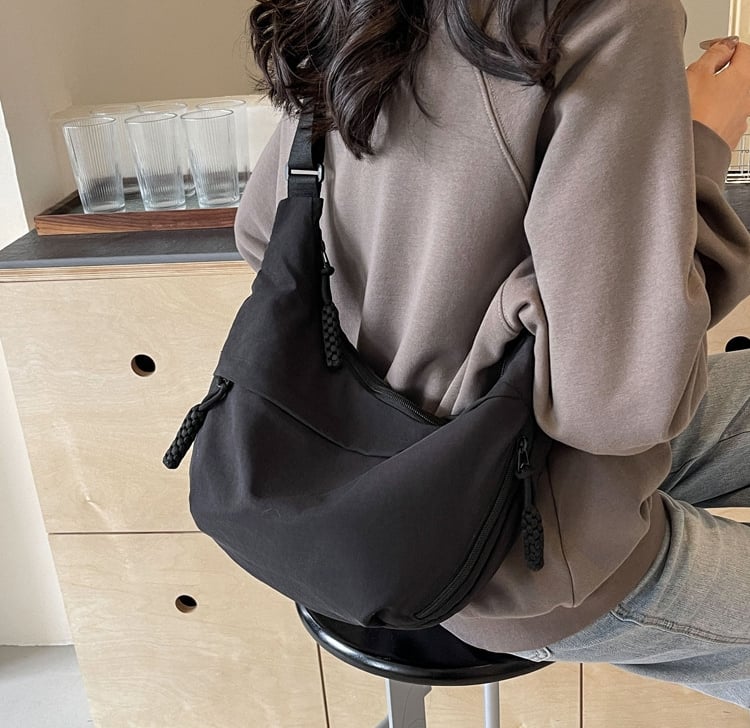 Crossbody Bag Nylon Multiple Zippered Compartments Adjustable Strap