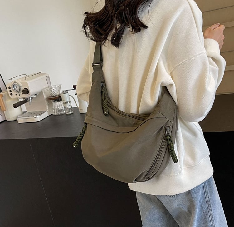 Crossbody Bag Nylon Multiple Zippered Compartments Adjustable Strap