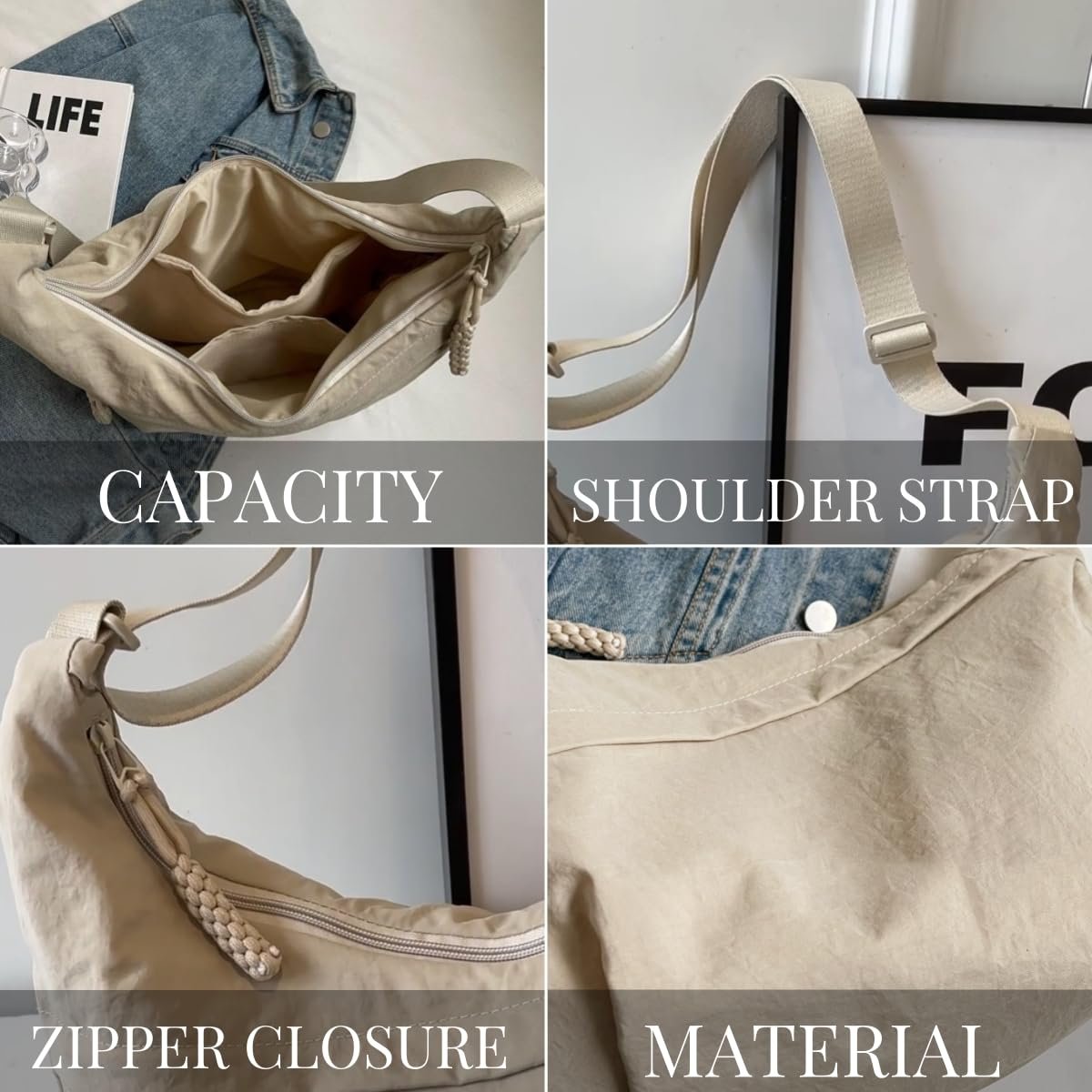 Crossbody Bag Nylon Multiple Zippered Compartments Adjustable Strap