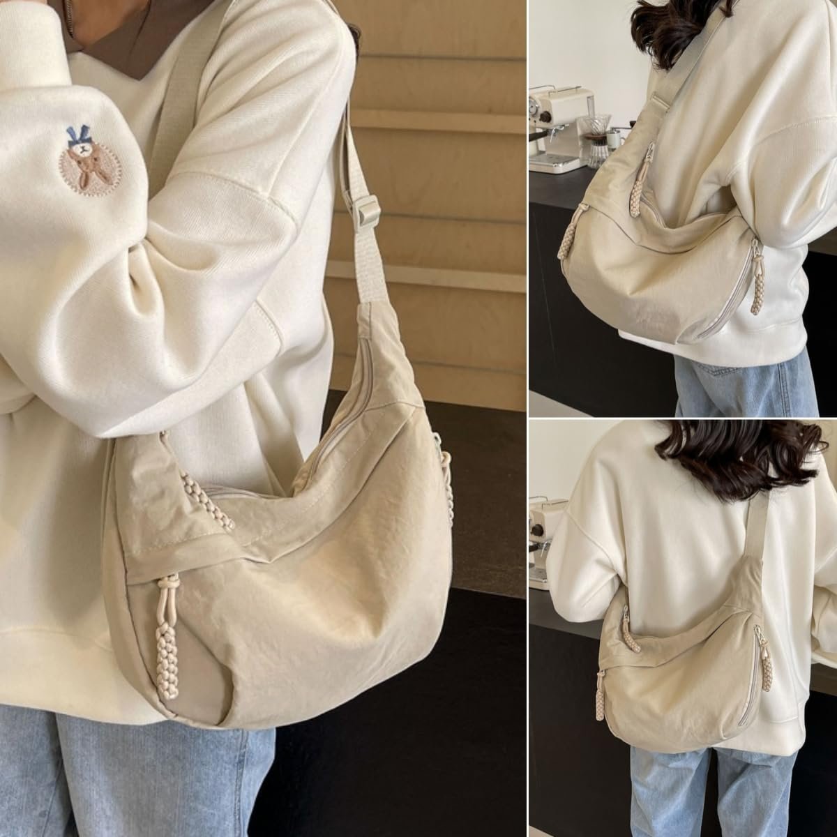 Crossbody Bag Nylon Multiple Zippered Compartments Adjustable Strap