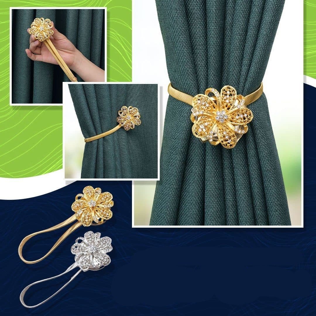 Curtain Tieback Floral Rhinestone Magnetic Closure & Steel Cable