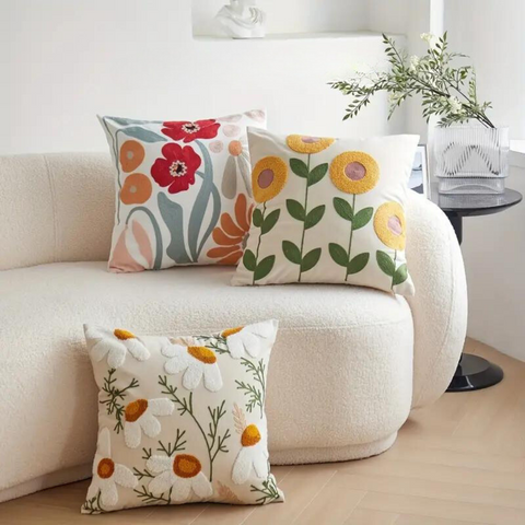 Cushion Cover Embroidered Floral Microfiber-Cotton Blend