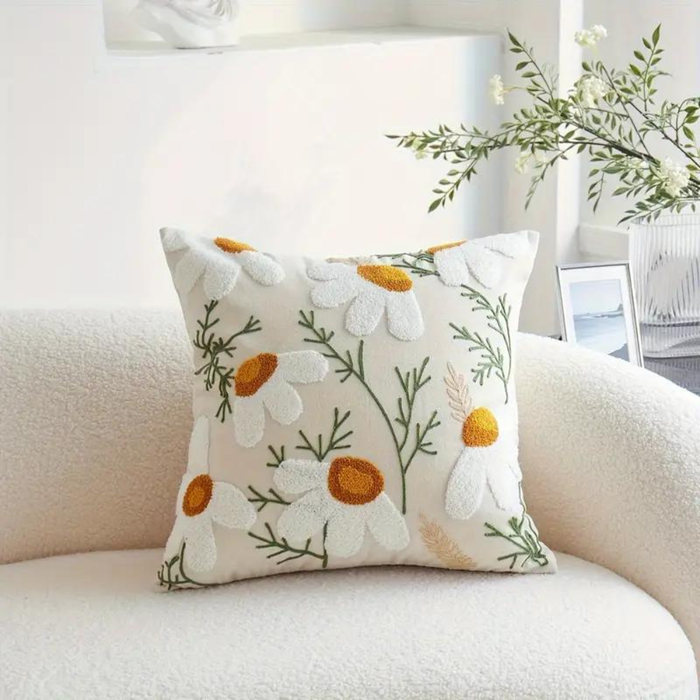 Cushion Cover Embroidered Floral Microfiber-Cotton Blend