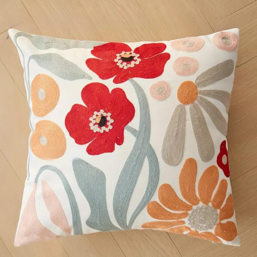Cushion Cover Embroidered Floral Microfiber-Cotton Blend