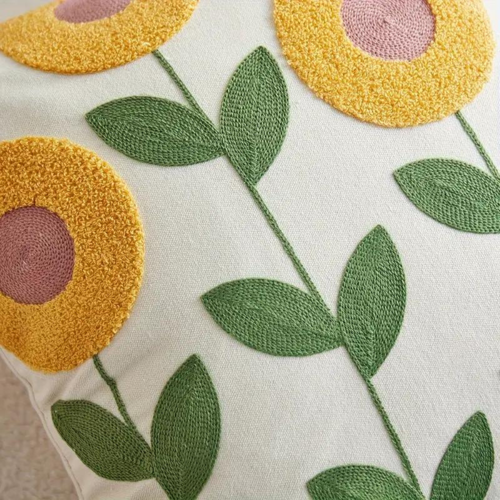 Cushion Cover Embroidered Floral Microfiber-Cotton Blend