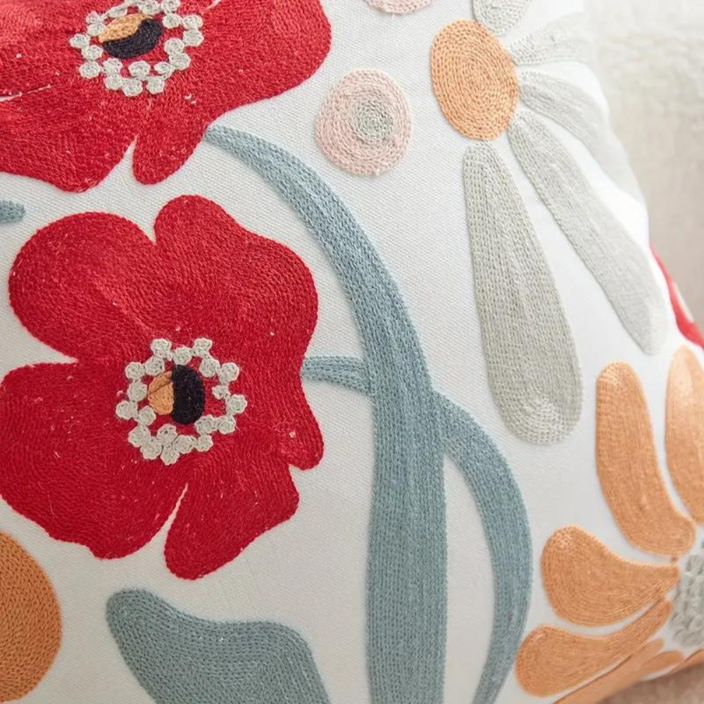 Cushion Cover Embroidered Floral Microfiber-Cotton Blend