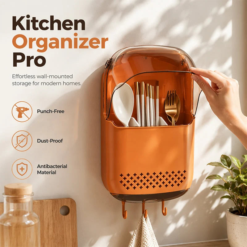 Cutlery Holder Wall-Mounted Adhesive Dustproof Flip Lid & Hooks