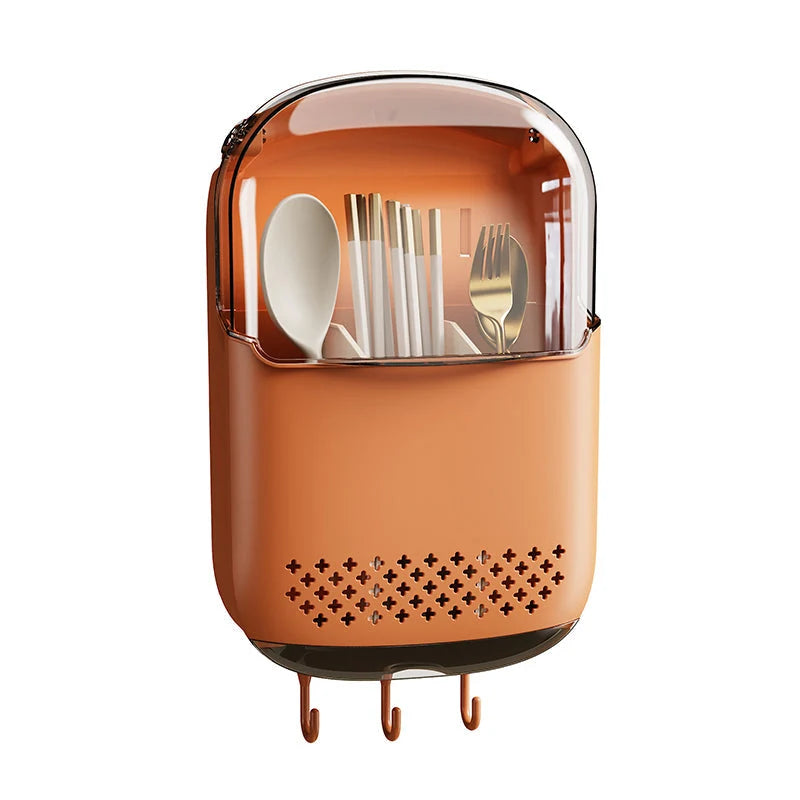 Cutlery Holder Wall-Mounted Adhesive Dustproof Flip Lid & Hooks