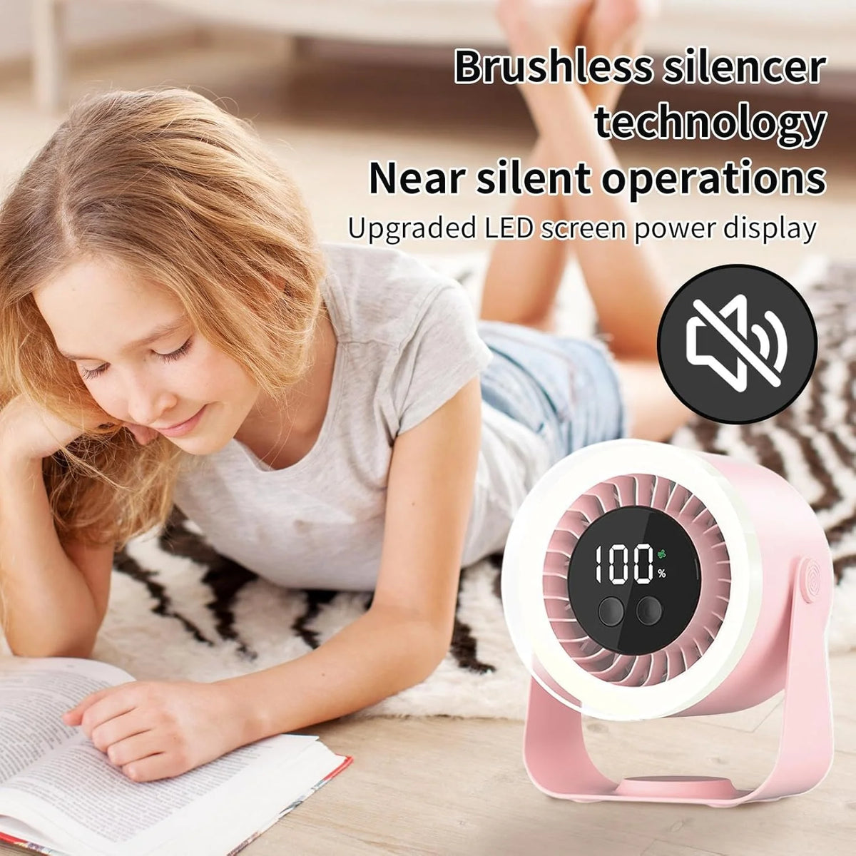 Desk Fan Ultra-Quiet 10 Speeds USB-C Rechargeable 10H