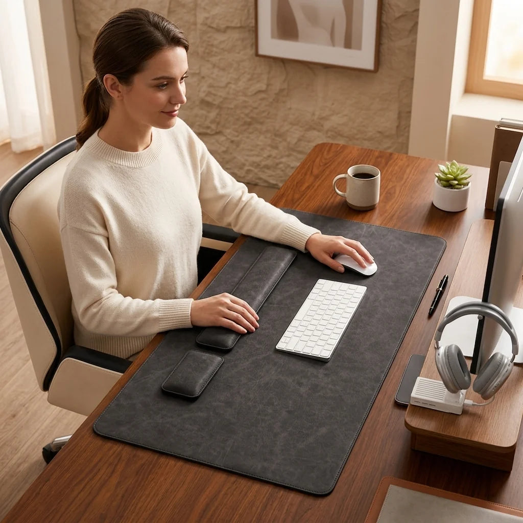 Desk Pad Set Leather-Look PVC Non-Slip Ergonomic Wrist Rests