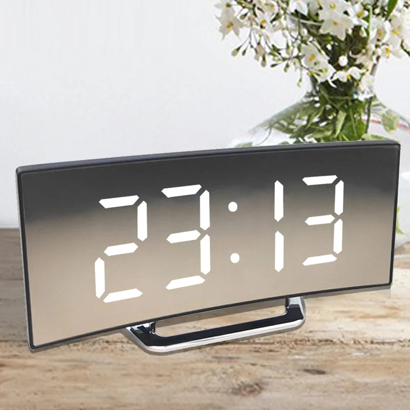 Digital Alarm Clock Curved Mirror LED Dual Power