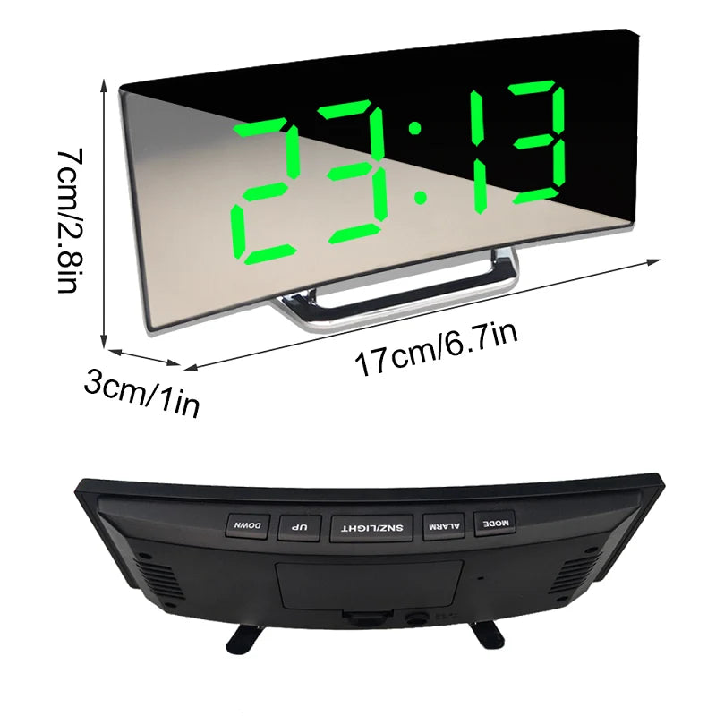 Digital Alarm Clock Curved Mirror LED Dual Power