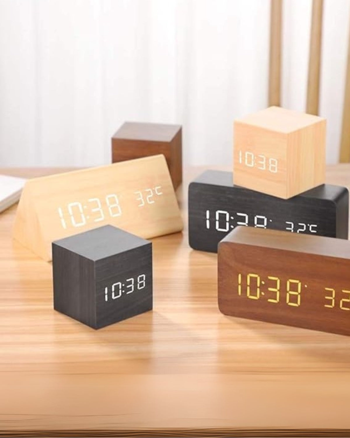 Digital Alarm Clock Wooden LED Display Time Temperature Humidity