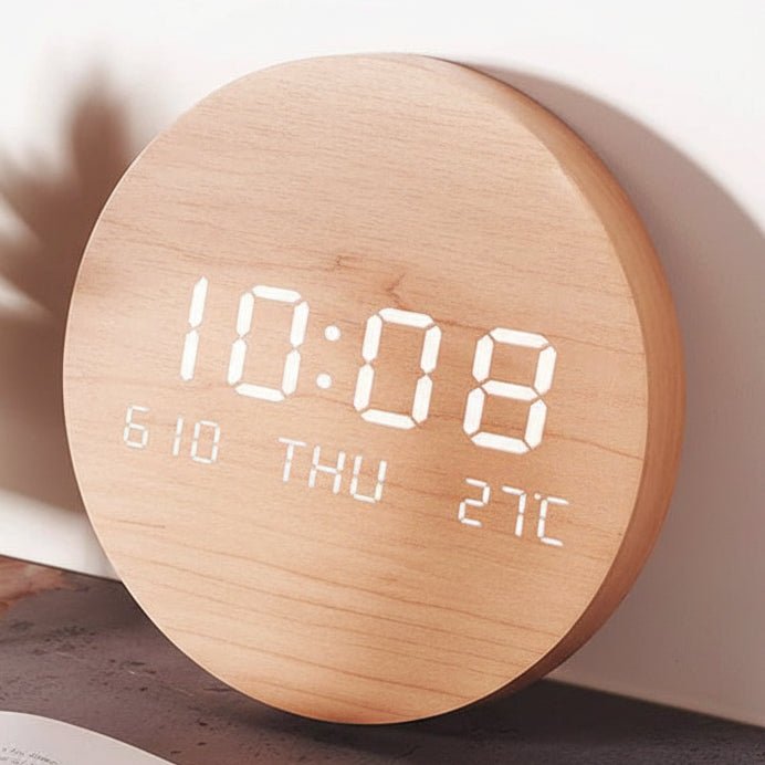Digital Desk Clock Wood-Look LED Time & Temperature