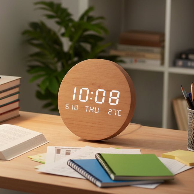 Digital Desk Clock Wood-Look LED Time & Temperature