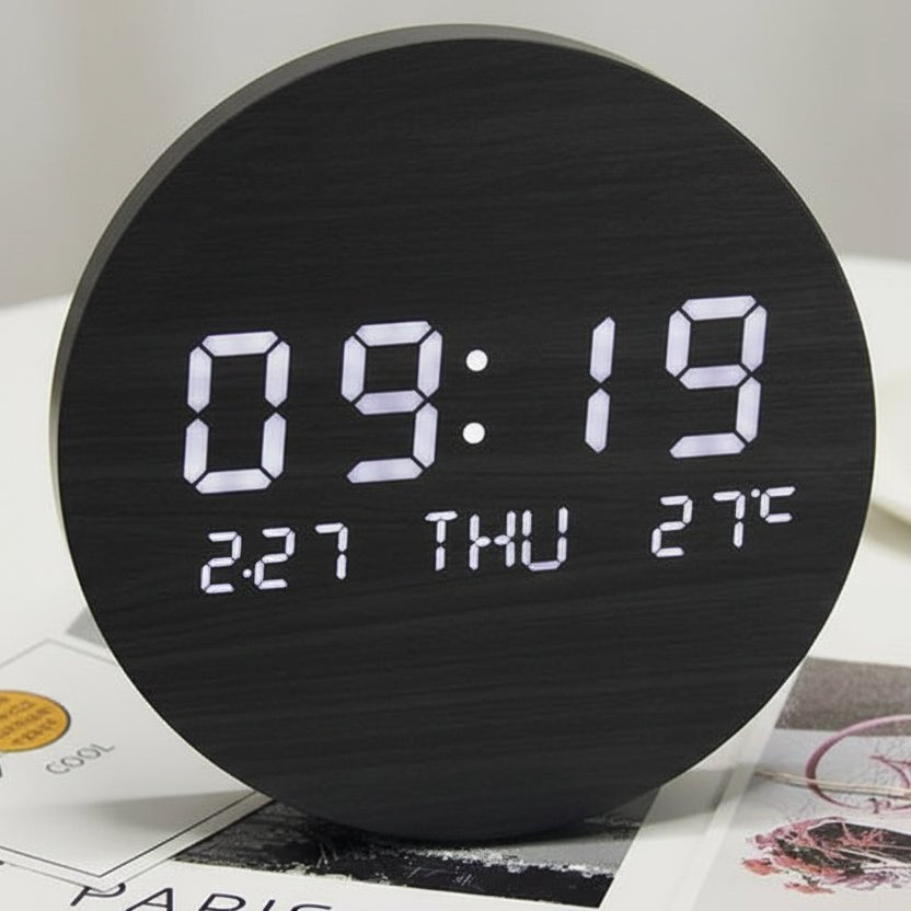 Digital Desk Clock Wood-Look LED Time & Temperature