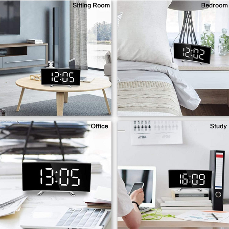 Digital LED Alarm Clock Curved Mirror Crescendo Alarm