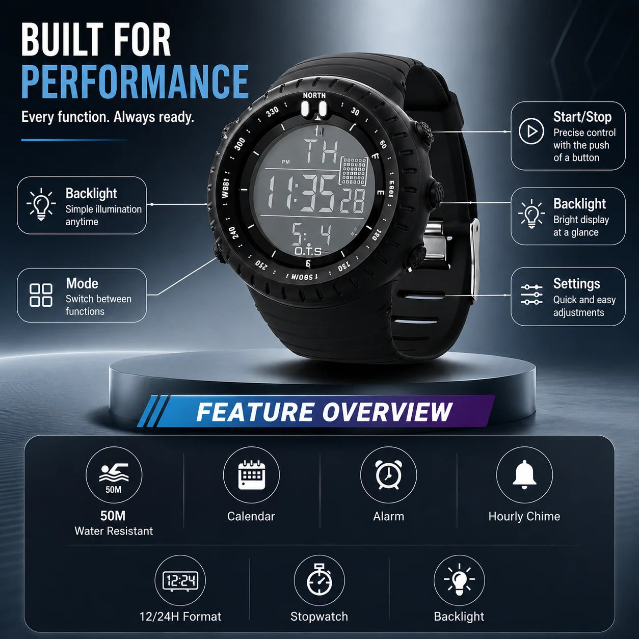 Digital Sports Watch Shockproof Water-Resistant LED Backlight