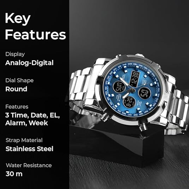Digital Wristwatch Large 1.9 Inch Dial 3 Time Zones
