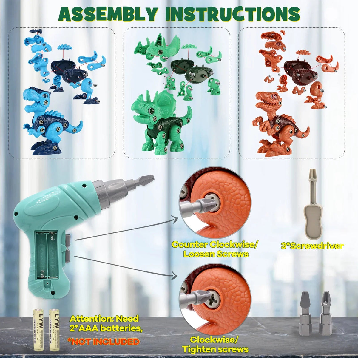 Dinosaur Building Set 3 Models Child-Friendly Drill
