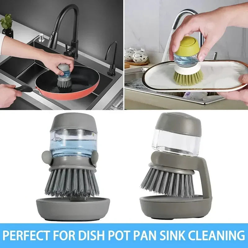 Dish Brush Built-In Soap Dispenser Ergonomic Non-Slip Handle