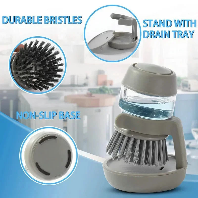 Dish Brush Built-In Soap Dispenser Ergonomic Non-Slip Handle