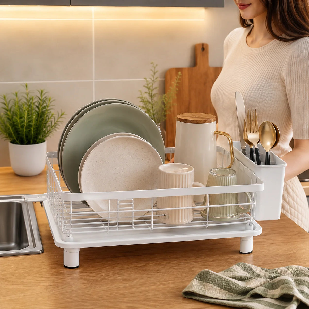 Dish Drainer Integrated Water Outlet Stainless Steel Large Capacity