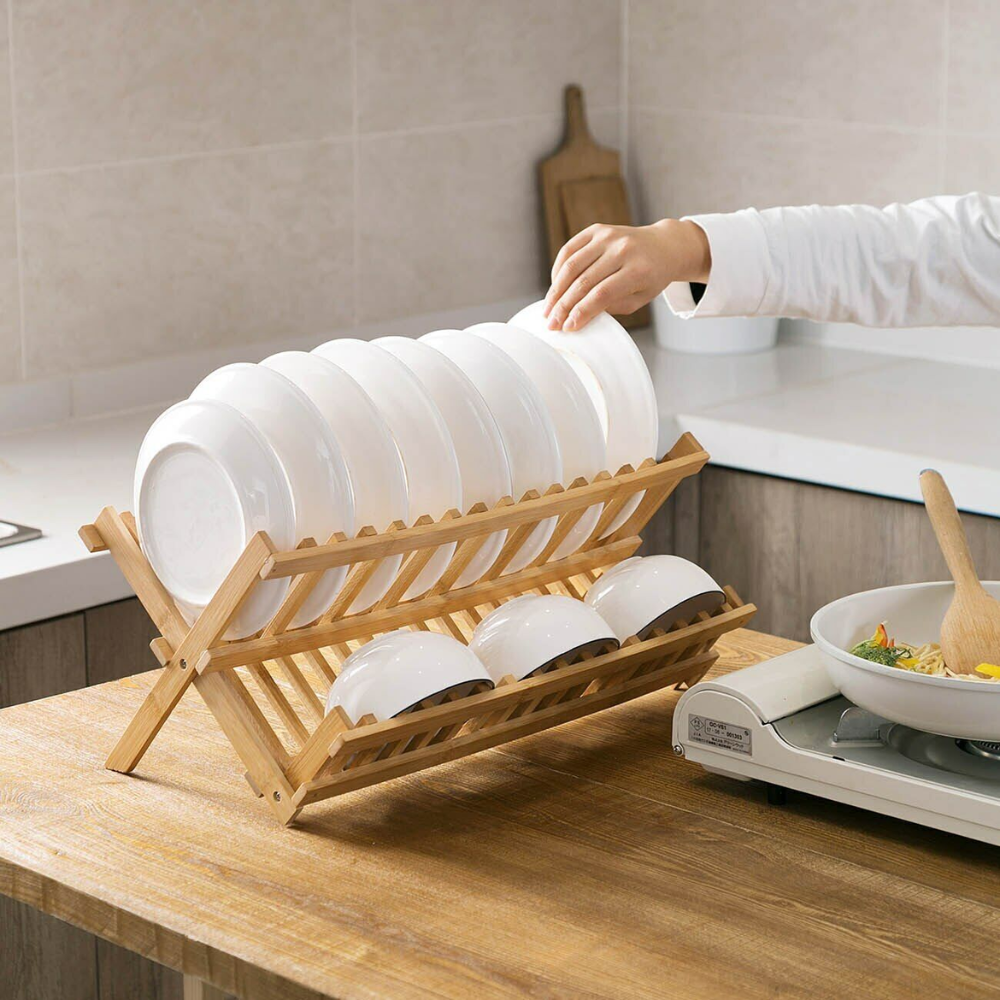 Dish Drying Rack Bamboo Vertical Slots Space-Saving