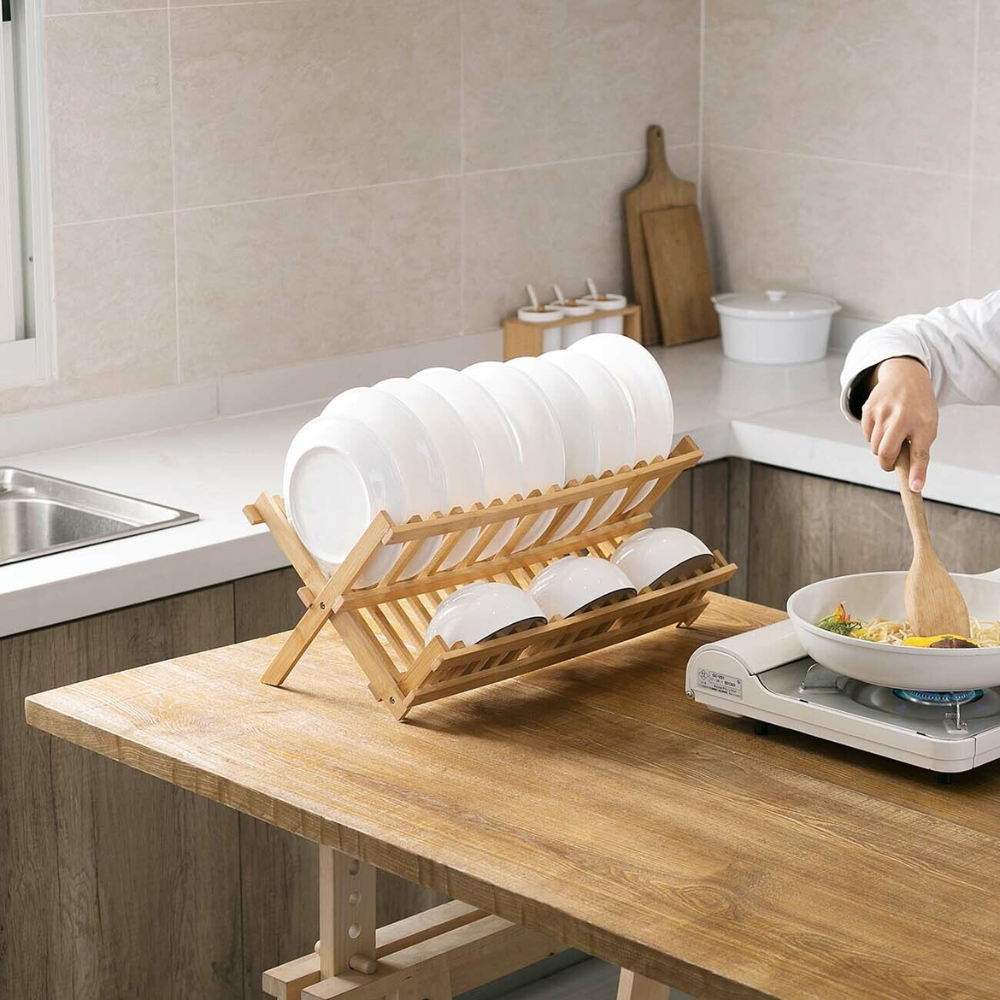 Dish Drying Rack Bamboo Vertical Slots Space-Saving