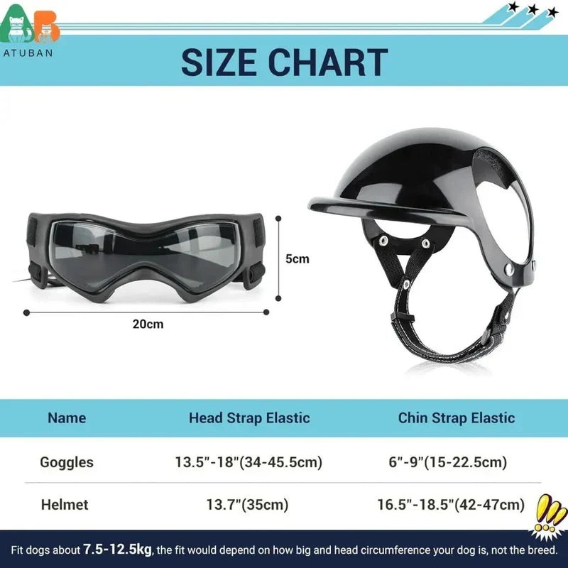Dog Helmet & Goggles Adjustable Fit & Polycarbonate Lenses