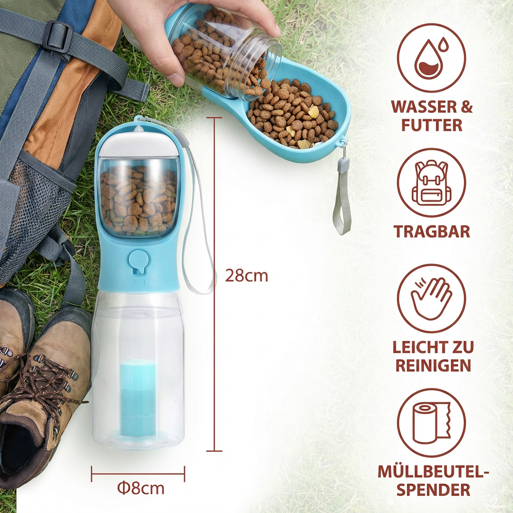 Dog Travel Water Bottle 3-in-1 600ml Built-In Bowl