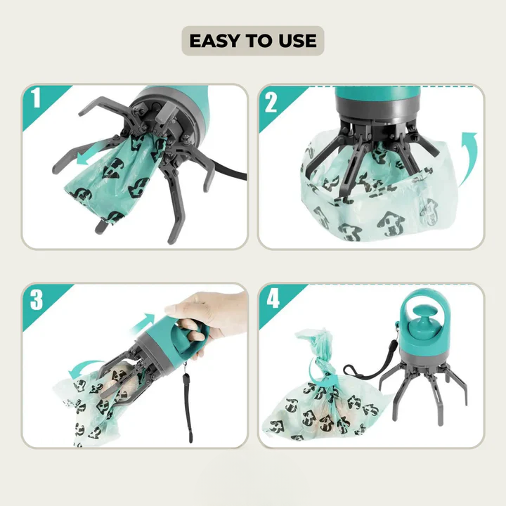 Dog Waste Grabber Six-Prong Touch-Free Integrated Bag Dispenser