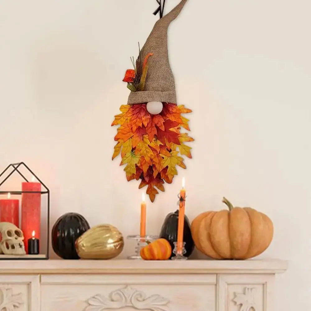 Door Hanger Gnome Silhouette Fabric & Faux Maple Leaves